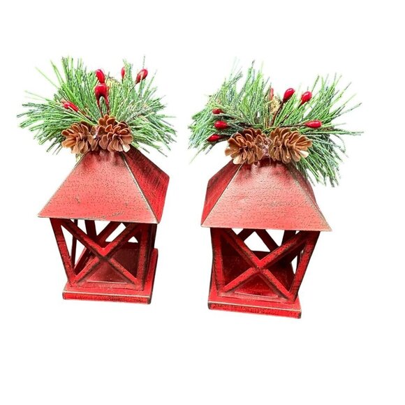 Christmas Lantern Ornament Set 5in Pinecone Berry Accents Holiday Rustic New Red - Picture 1 of 11